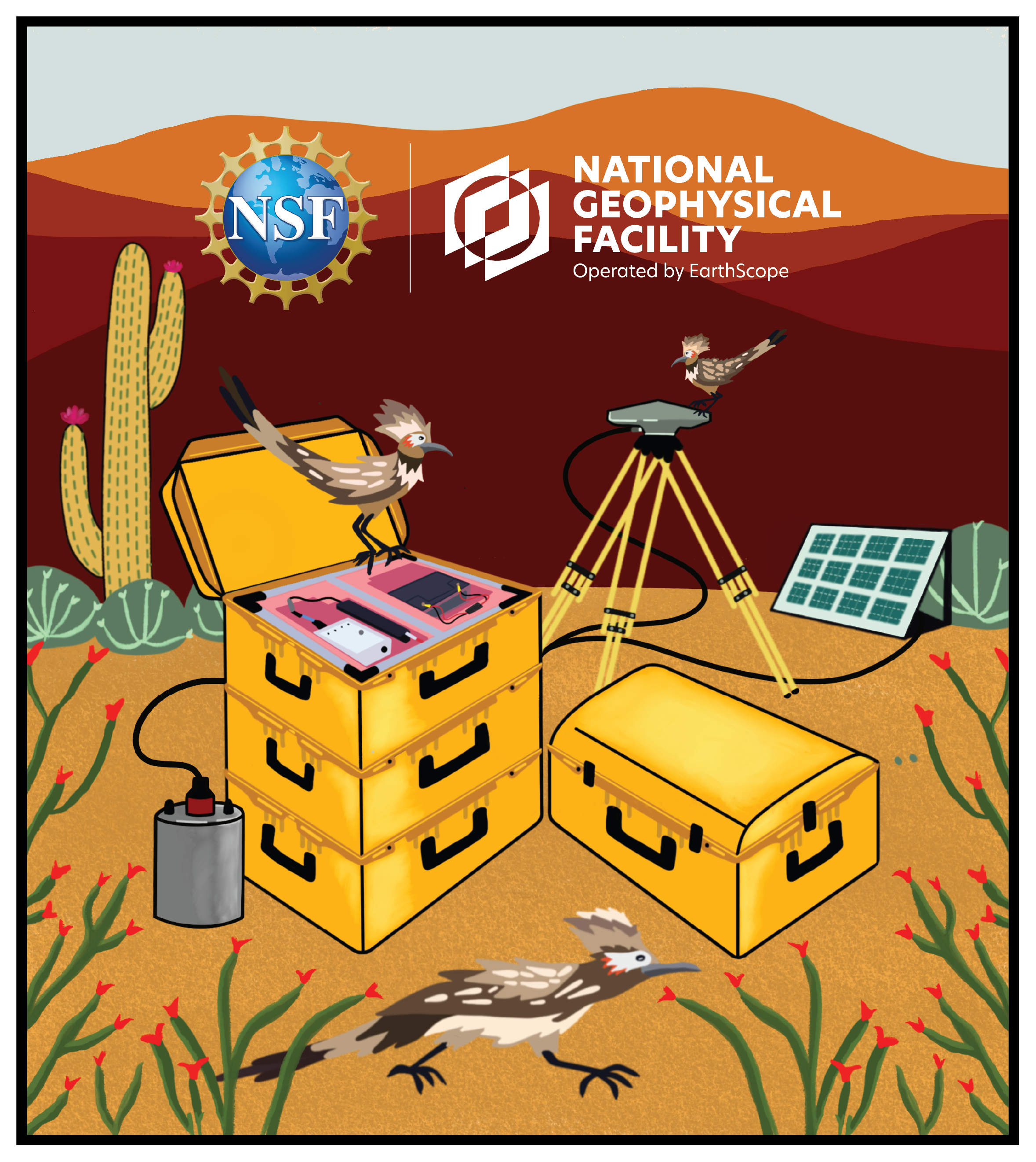 Four yellow instrumentation boxes in a desert setting. There are bushes, weeds, and cacti in red-orange landscape. The instrumentation boxes are connected to a seismometer, a GNSS station, and a solar panel. Two roadrunners are perched on the equipment, while one is running in between the weeds.